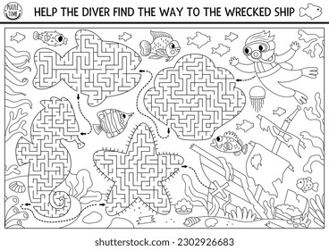 Under the sea black and white maze for kids geometrical sea horse, fish, seashell. Ocean line preschool printable activity. Water labyrinth coloring page. Help the diver find way to wrecked ship
