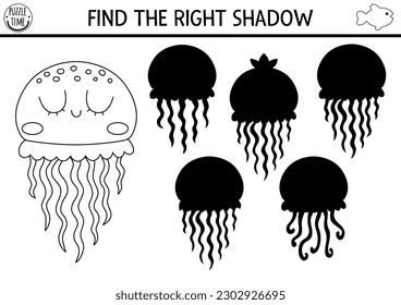 Under the sea black and white shadow matching activity. Ocean line puzzle with cute jellyfish. Find correct silhouette printable worksheet. Water animal coloring page for kids with jelly fish
