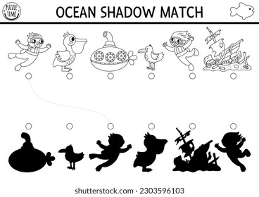 Under the sea black and white shadow matching activity. Ocean line puzzle with cute diver, submarine, pelican, wrecked ship. Find correct silhouette printable worksheet. Water animals coloring page
