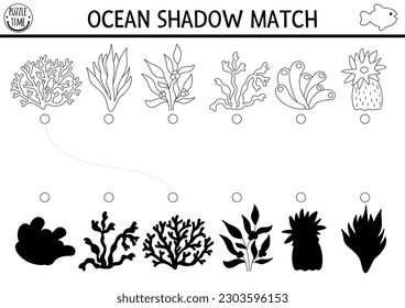 Under the sea black and white shadow matching activity. Ocean line puzzle with cute seaweeds. Find correct silhouette printable worksheet or game. Water plants coloring page for kids
