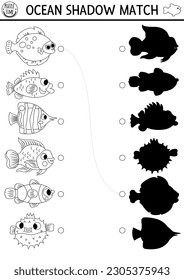 Under the sea black and white shadow matching activity with fish. Ocean line puzzle with cute flounder, bass, clownfish. Find correct silhouette printable worksheet. Water animals coloring page
