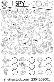 Under the sea black and white I spy game for kids. Searching and counting line activity with fish, diver, submarine, starfish, dolphin. Ocean life printable worksheet. Simple water coloring page
