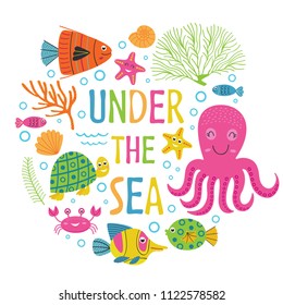 Under the sea card with marine animals -  vector illustration, eps