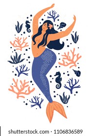 Under the sea card with mermaid, leaves, seashells and fish. Simple and cute illustration in pastel colors.