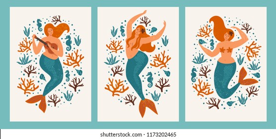 Under the sea card with mermaid, leaves, seashells and fish. Simple and cute illustration in pastel colors. Posters.