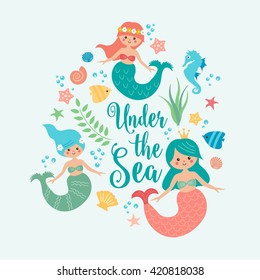 Under the sea card with mermaid, leaves, seashells and fish. Simple and cute illustration in pastel colors.