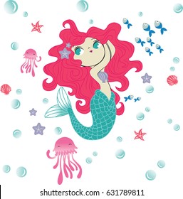 Under the sea card with mermaid,seashells and fish. Simple and cute illustration in pastel colors