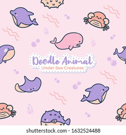 Under Sea cartoon creatures on seamless pattern Cute Hand drawn Vector Illustration