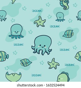 Under Sea cartoon creatures on seamless pattern Cute Vector Illustration