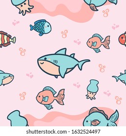 Under Sea cartoon creatures on seamless pattern Cute Colorful Vector Illustration