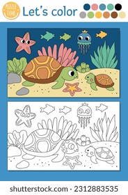 Under the sea coloring page for children with tortoise underwater scene. Vector ocean life outline illustration. Color book for kids with colored example. Drawing skills printable worksheet
