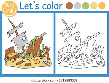 Under the sea coloring page for children with wrecked ship. Vector ocean life outline illustration with ruined boat. Color book for kids with colored example. Drawing skills printable worksheet
