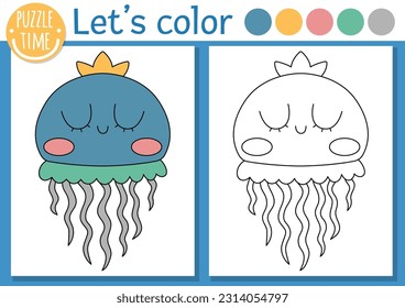 Under the sea coloring page for children with jellyfish. Vector ocean life outline illustration with cute water animal. Color book for kids with colored example. Drawing skills printable worksheet
