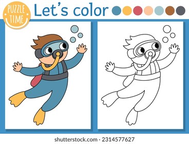 Under the sea coloring page for children with scuba diver. Vector ocean life outline illustration with cute swimming boy. Color book for kids with colored example. Drawing skills printable worksheet
