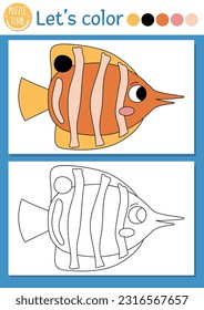 Under the sea coloring page for children with butterfly fish. Vector ocean life line illustration with cute water animal. Color book for kids with colored example. Drawing skills printable worksheet