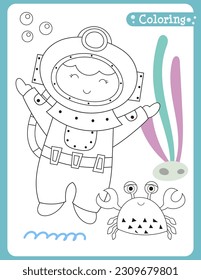 Under the Sea coloring page printable for children. Preschool games. Diver and crab. Vector illustration.