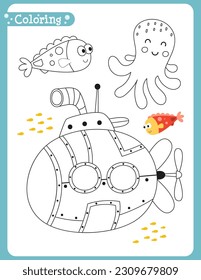 Under the Sea coloring page printable for children. Preschool games. Submarine, Octopus, Fish. Vector illustration.