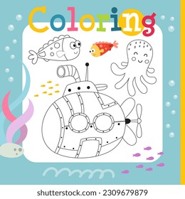 Under the Sea coloring page printable for children. Preschool games. Submarine, Octopus, Fish. Vector illustration. Book square format.