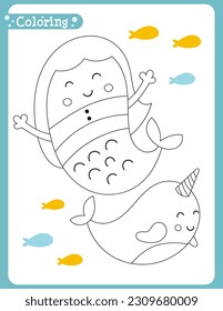 Under the Sea coloring page printable for children. Preschool games. Mermaid, Narwhal. Vector illustration.