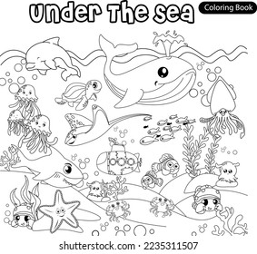 Under the sea colouring book for kindergarten kids for learning animal coral sea marine life illustration doodles