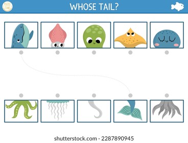 Under the sea connect the halves worksheet.  Matching game for preschool children with ocean animals. Match heads and tails activity with octopus, squid, jellyfish, whale, ray fish
