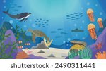 Under the Sea With Coral Reefs, Shells, Seaweed, Clownfish, Turtles, Jellyfish, Whales, Crabs, Starfish, Submarine and Treasures Vector Illustration