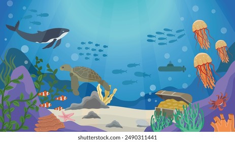 Unter dem Meer mit Korallenriffen, Muscheln, Algen, Clownfische, Schildkröten, Quallen, Wale, Krabben, Seesterne, U-Boot und Schätze Vektorillustration