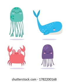 under the sea, crab jellyfishes whale wide marine life cartoon vector illustration