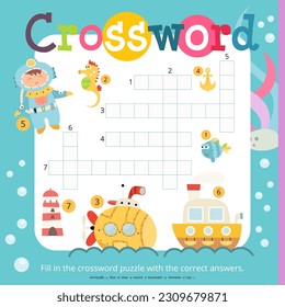 Under the Sea crossword page printable for children. Preschool games. Ocean Creatures and Animals. Vector illustration. Book square format.