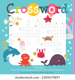 Under the Sea crossword page printable for children. Preschool games. Ocean Creatures and Animals – whale, dolphin, crab, squid, jellyfish. Vector illustration. Book square format.