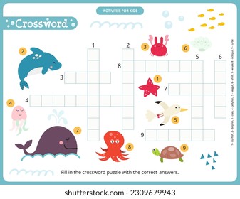 Under the Sea crossword page printable for children. Preschool games. Ocean Creatures and Animals – whale, dolphin, crab, squid, jellyfish. Vector illustration.