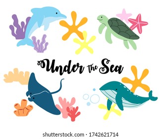 Under the Sea Cute Animals dolphin, blue whale, manta ray, sea turtle