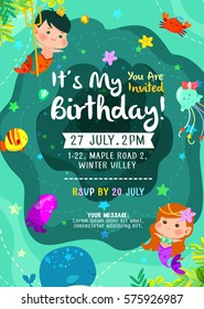 Under The Sea Cute Birthday Birthday Invitation Card With Mermaid, Merman And Friends 