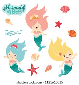 Under the Sea Cute Kawaii Style Mermaids Design Set Flat Vector Illustration Isolated on White