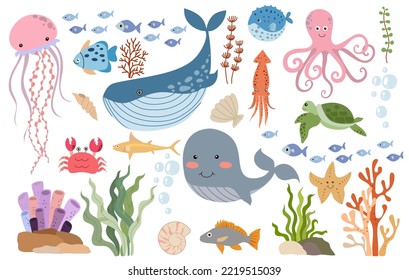 Under the sea, Cute ocean fish,  Underwater wildlife creatures vector illustration set set