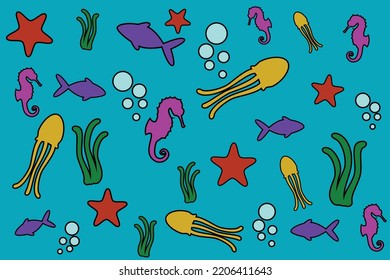 Under the sea. Deep ocean. Marine life. Blue background.