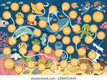 Under the sea dice board game for children with cute animals. Ocean boardgame with fish, wrecked ship.  Water adventures printable activity or worksheet. Help the divers get to the pearl