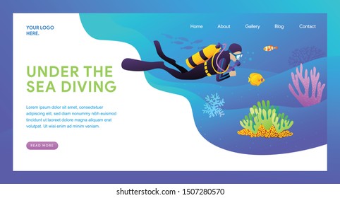 Under the Sea Diving Landing Page Vector Illustration