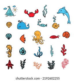 under the sea doodle colored set on the white background