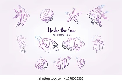 under the sea elements with line art and gradient color