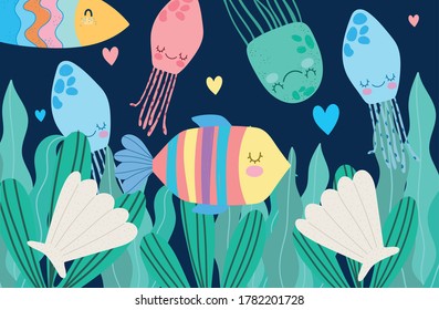 under the sea, fish jellyfish shell and algae wide marine life landscape cartoon vector illustration