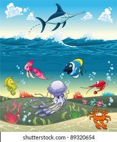 Under the sea with fish and other animals. Funny cartoon and vector illustration.