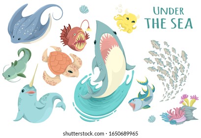 Under the sea , fishes, sea animals , vector collection. Festival sea summer collection.