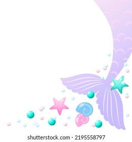 Under the sea frame. Cute background decorated with of mermaid tails, shell, pearls and star fish. Vector 10 EPS.