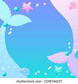Under the sea frame. Cute background decorated with of mermaid tails, shell, pearls and star fish. Vector 10 EPS.