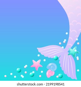 Under the sea frame. Cute background decorated with of mermaid tails, shell, pearls and star fish. Vector 10 EPS.