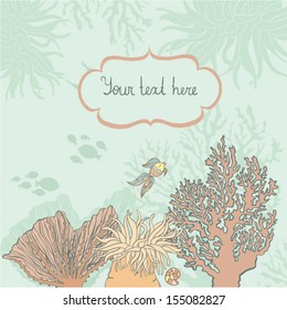 Under sea framing for your text with fossils, corals, shell and fish on the background. Cute cartoon sea life objects with shadows on the bottom of the ocean. Cute tropical frame for your text. 