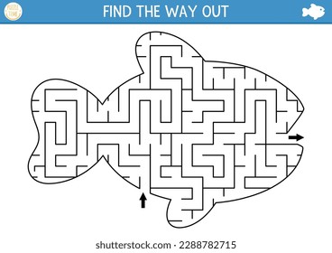 Under the sea geometrical maze for kids. Ocean preschool printable activity. Water fish shaped labyrinth game or puzzle for children
