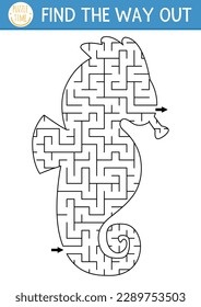 Under the sea geometrical maze for kids. Ocean preschool printable activity. Water seahorse shaped labyrinth game or puzzle for children with sea horse
