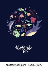 Under the sea hand lettering text. Ecology print, planet and environment protection concept. Underwater sea world dwellers, flora and fauna elements. Coral reef, fishes and medusa. Vector cartoon.